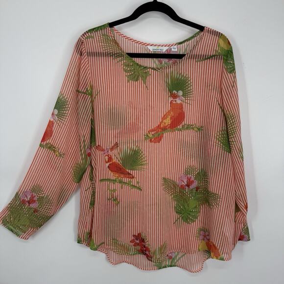 Lemon Way Sheer Chiffon Top Size XL Tropical Bird Parrot long Sleeve Pullover - Picture 10 of 10